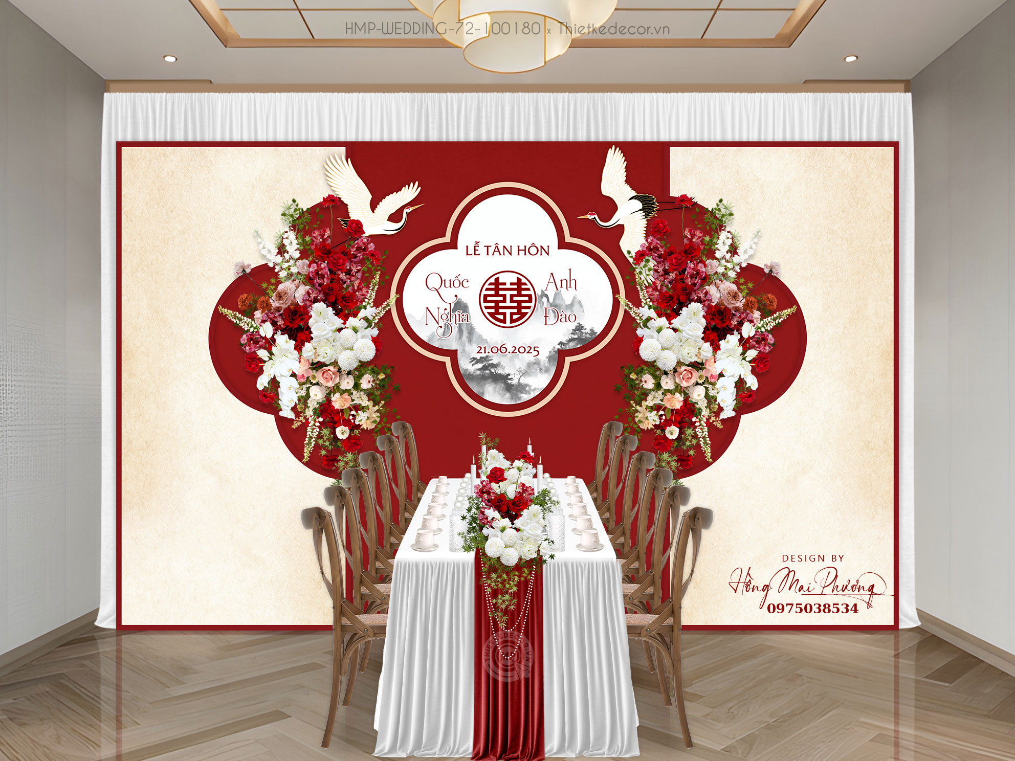 Gia tiên tone đỏ kem mix chim hạc , tranh thủy mặc